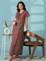 Royal Wine Embroidered Floral Cotton Nighty