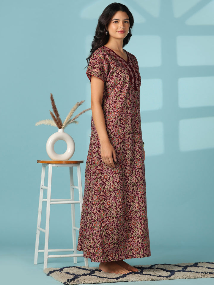 Royal wine embroidered cotton nighty for women online