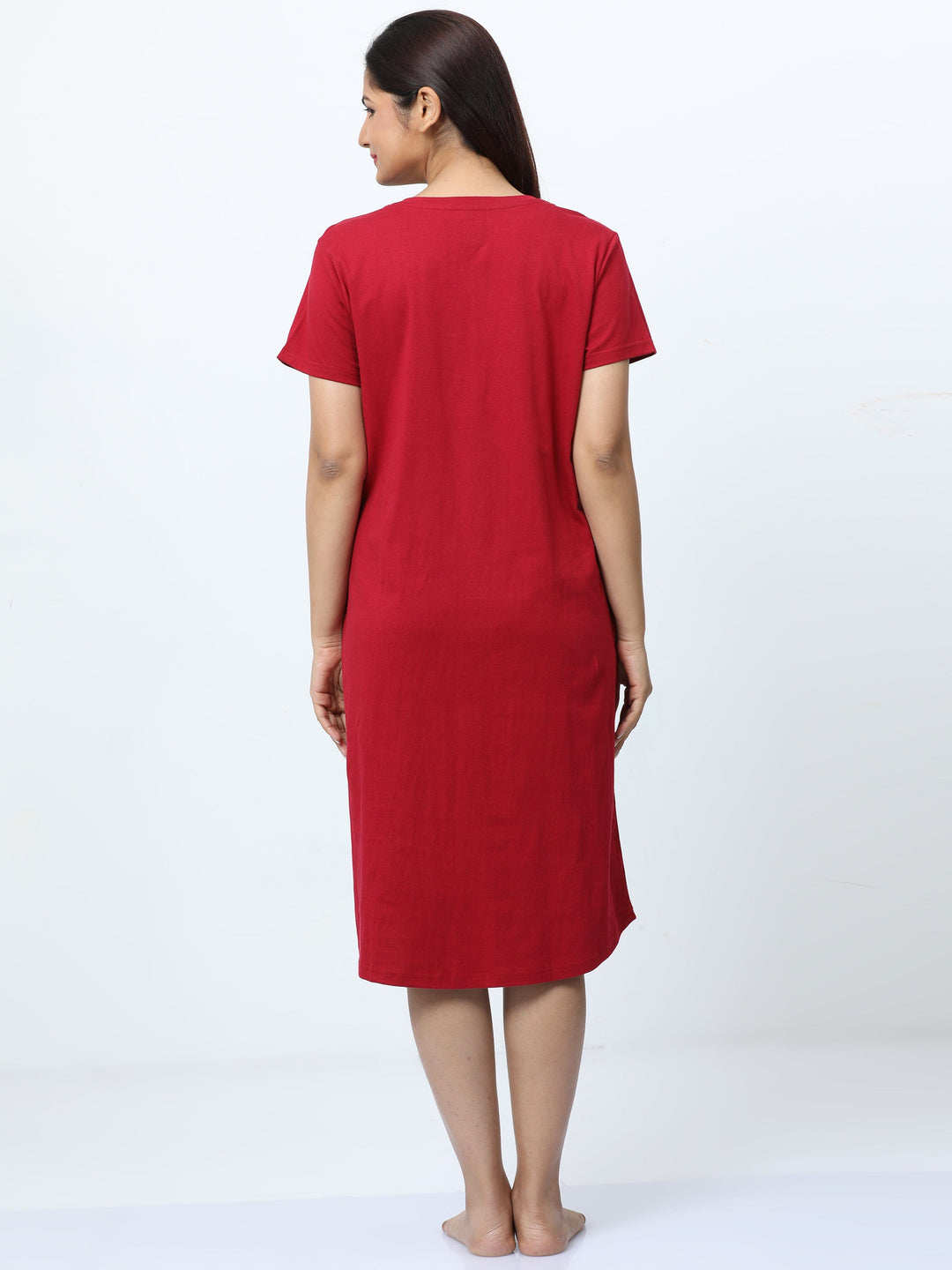 Ruby Red Cotton Printed Short Nightdress for Women