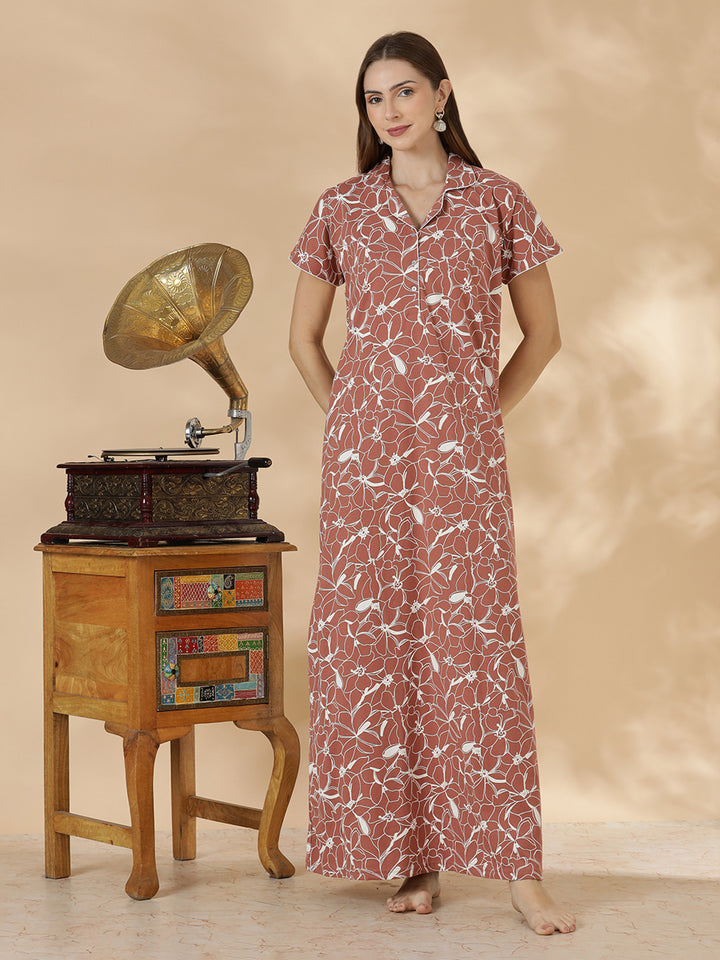 Rust brown premium hosiery cotton night dress for women