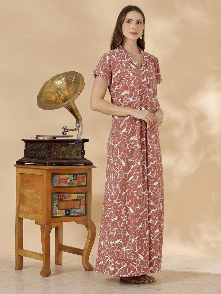 Rust brown premium hosiery cotton night dress for women