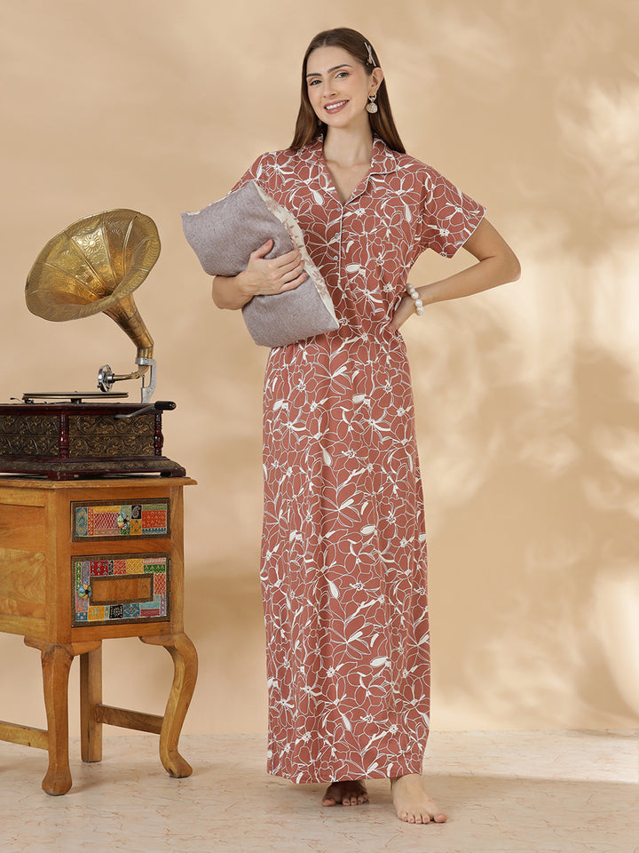 Rust brown premium hosiery cotton night dress for women