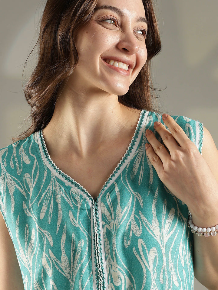 Sea blue floral alpine sleeveless summer nighty for women