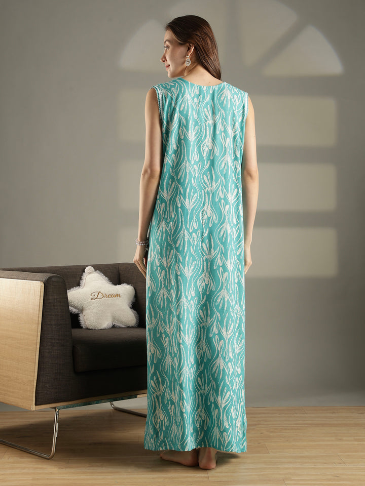 Sea blue floral alpine sleeveless summer nighty for women