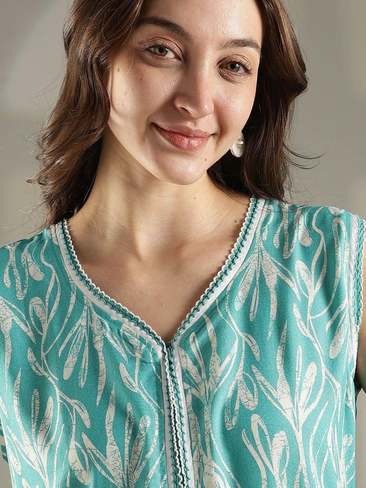 Sea blue floral alpine sleeveless summer nighty for women