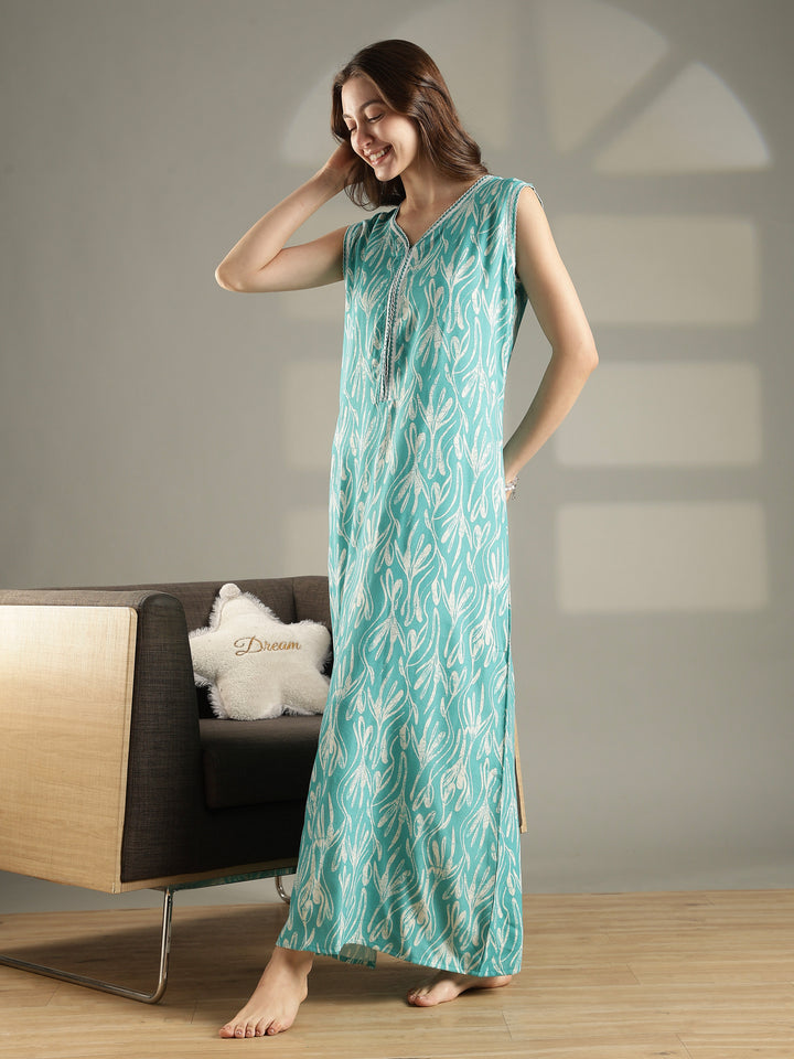 Sea blue floral alpine sleeveless summer nighty for women