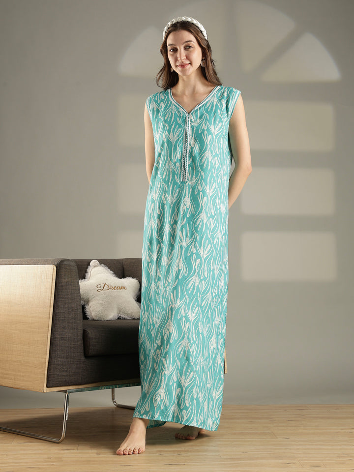 Sea blue floral alpine sleeveless summer nighty for women