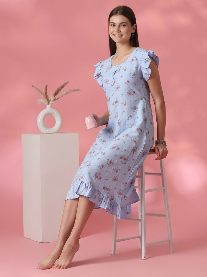 Rosy blue rose motif crush cotton short nighty for women