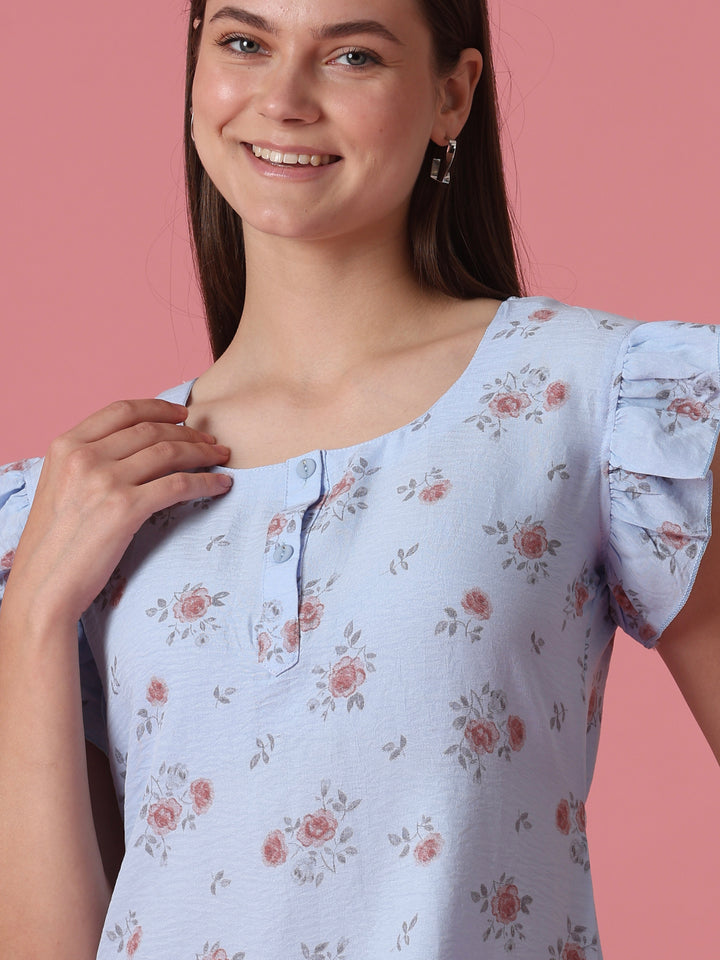 Rosy blue rose motif crush cotton short nighty for women