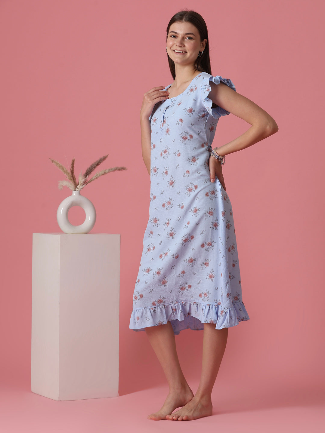 Rosy blue rose motif crush cotton short nighty for women