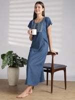 Premium Denim Feel Nighty with Rose Embroidery Detail