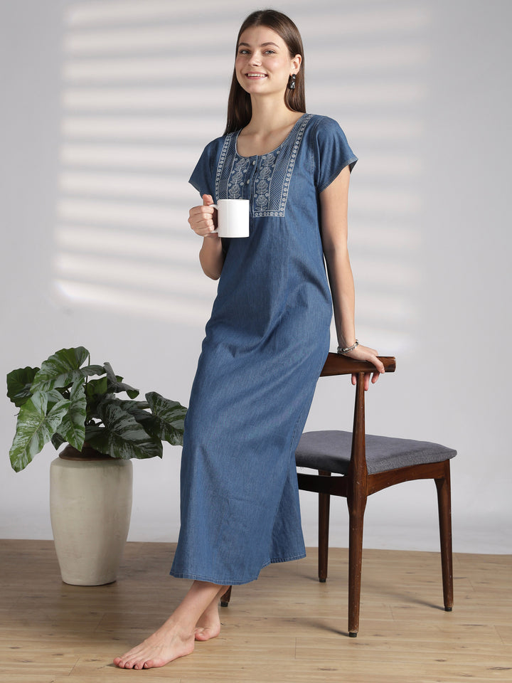 Sky blue denim feel nighty for women with embroidery
