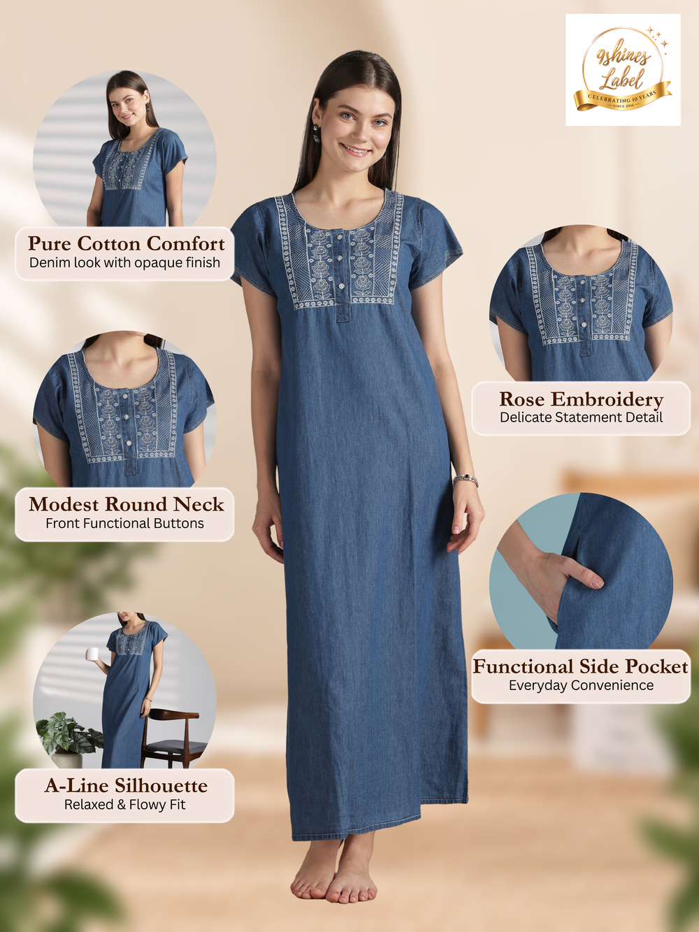 Sky blue denim feel nighty for women with embroidery