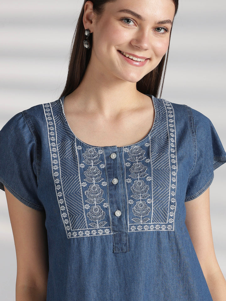 Sky blue denim feel nighty for women with embroidery