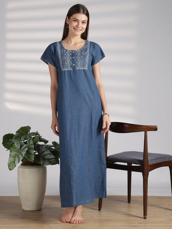 Sky blue denim feel nighty for women with embroidery