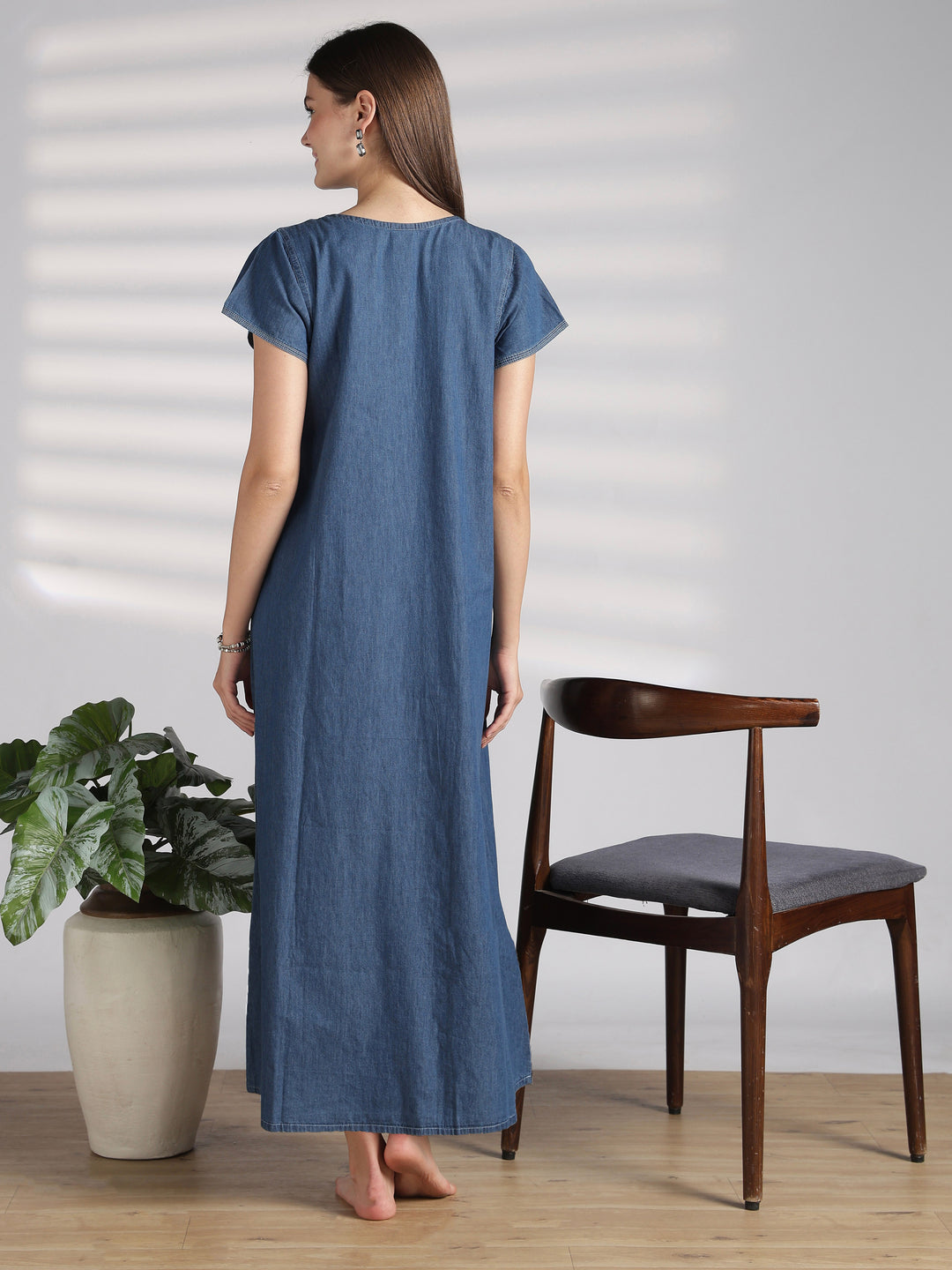 Sky blue denim feel nighty for women with embroidery