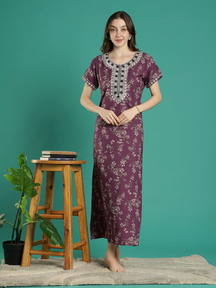 Plum floral soft alpine sleepwear for ladies online in India
