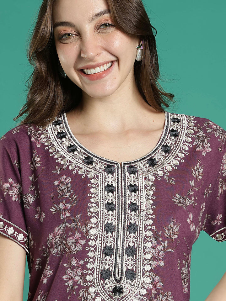 Plum floral soft alpine sleepwear for ladies online in India