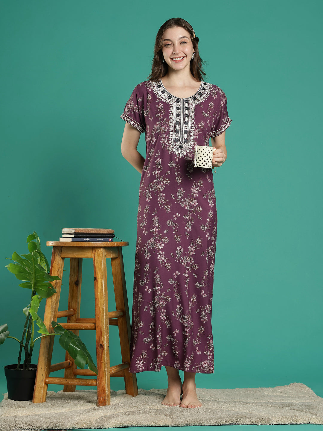 Plum floral soft alpine sleepwear for ladies online in India