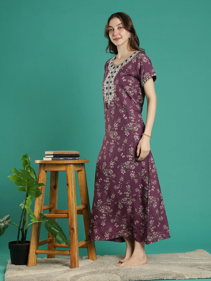 Plum floral soft alpine sleepwear for ladies online in India