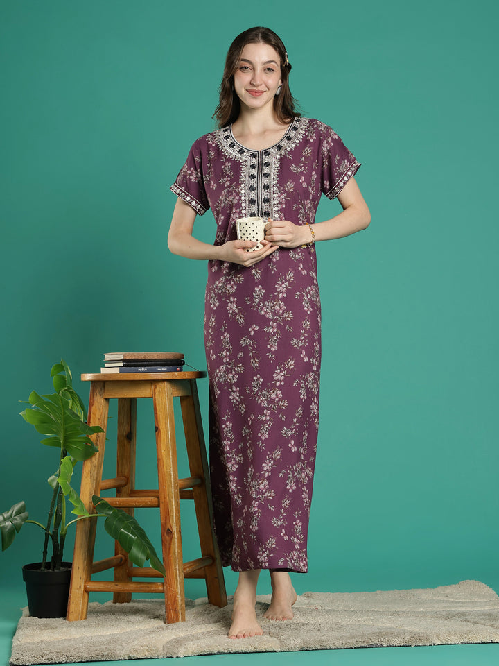 Plum floral soft alpine sleepwear for ladies online in India