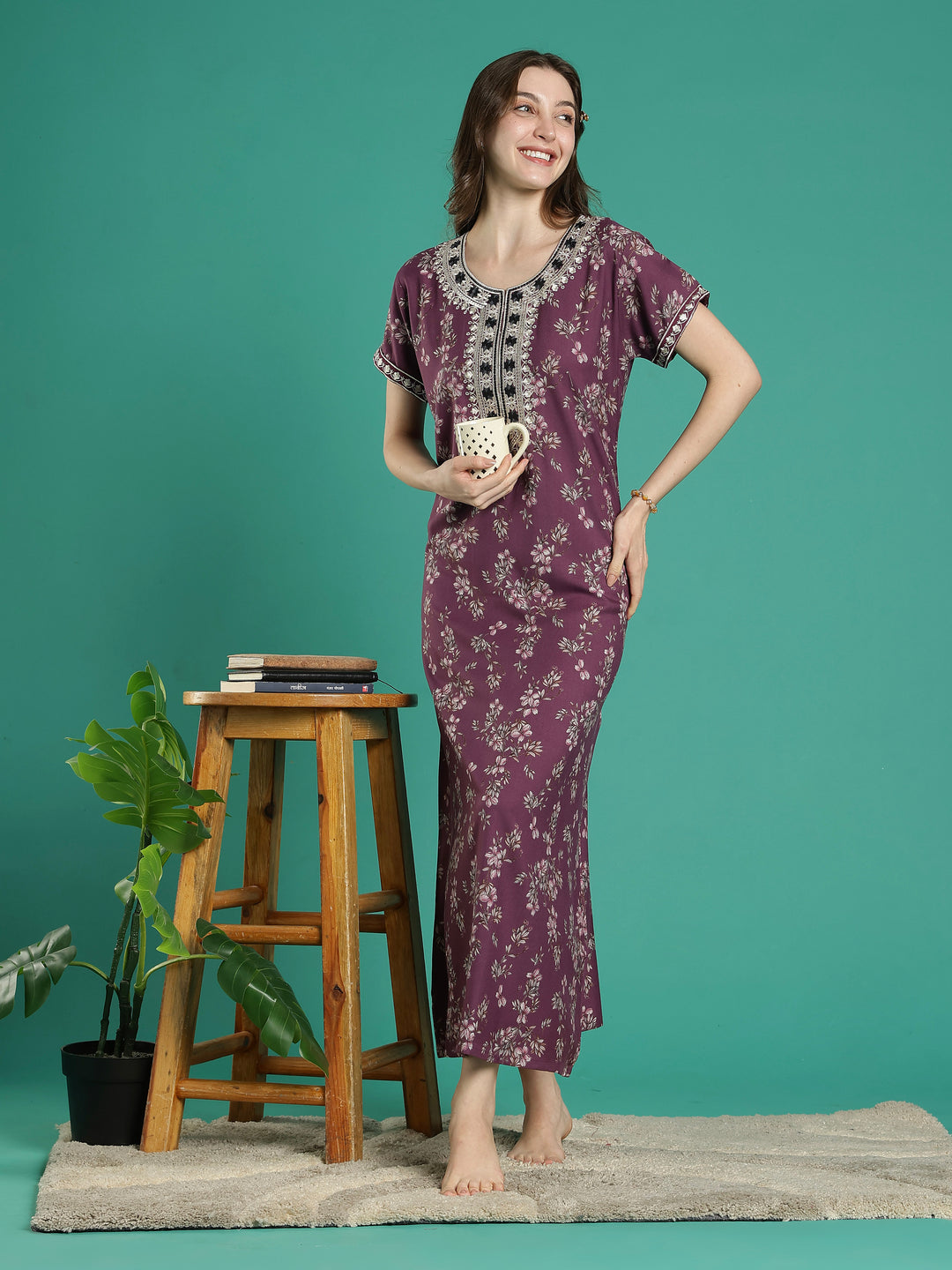 Plum floral soft alpine sleepwear for ladies online in India