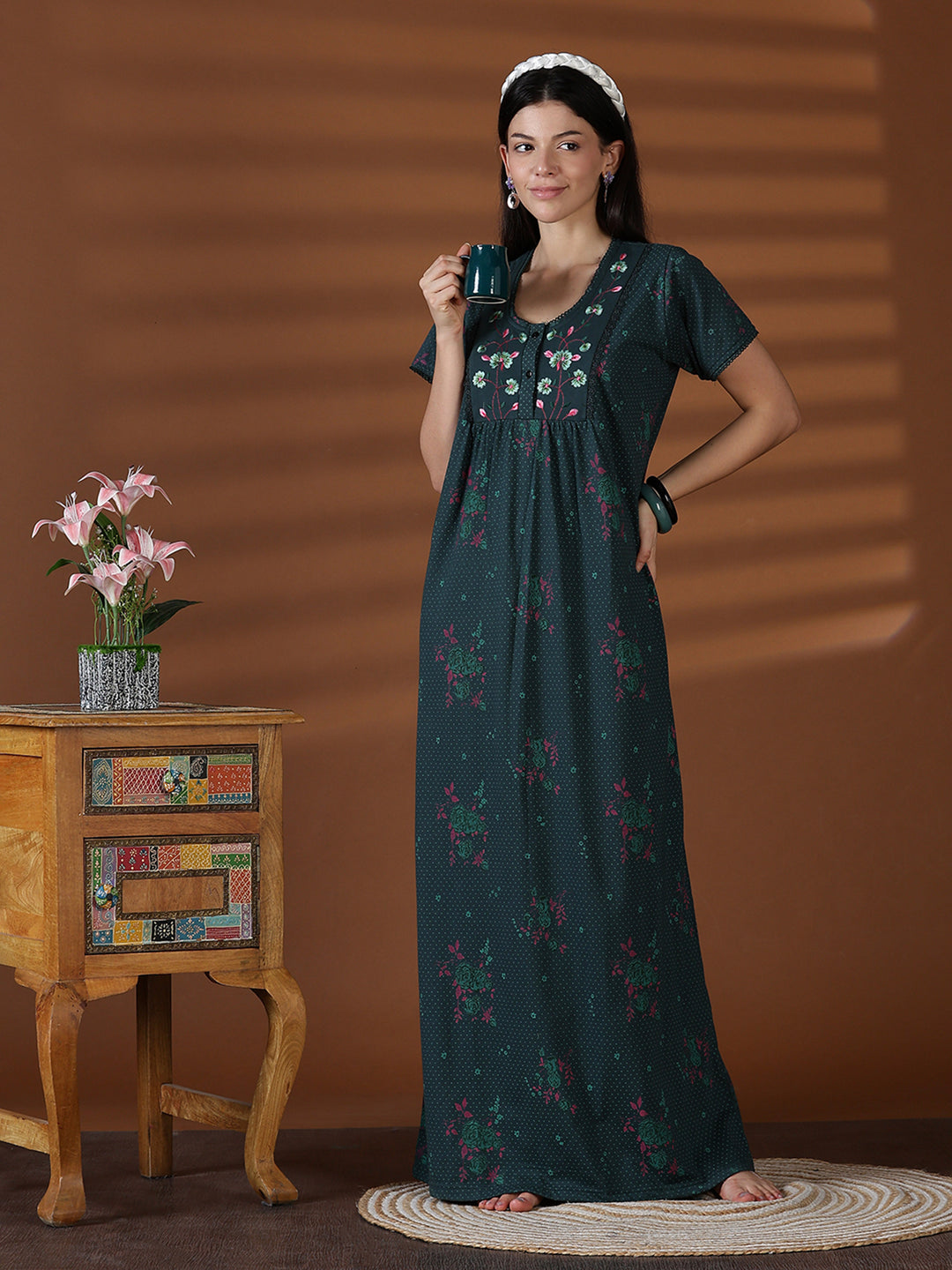 Forest green cotton blend sleepwear for women for summer