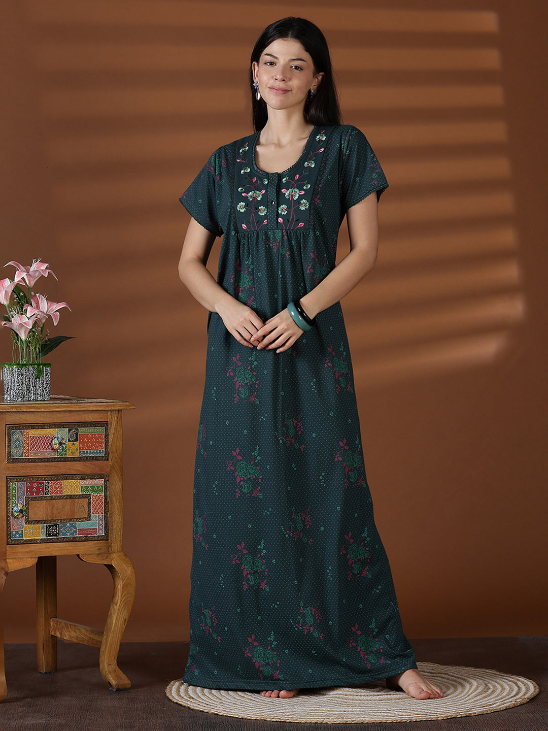 Forest green cotton blend sleepwear for women for summer
