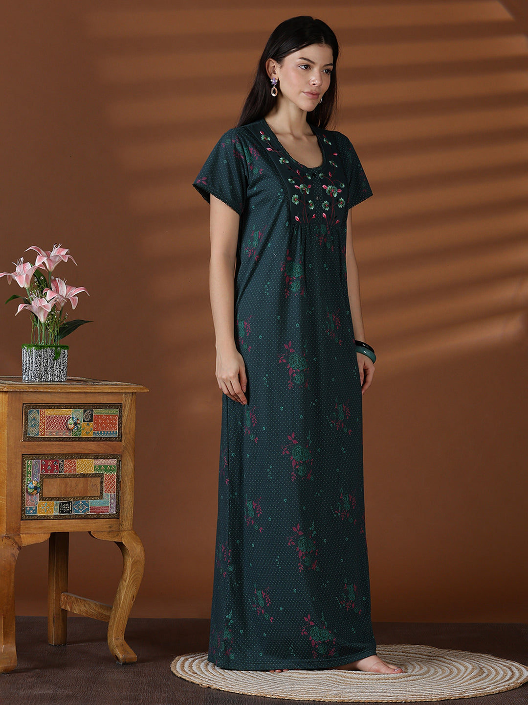 Forest green cotton blend sleepwear for women for summer