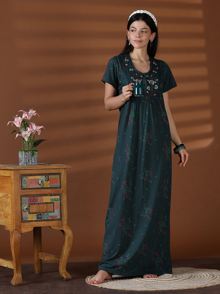 Forest green cotton blend sleepwear for women for summer