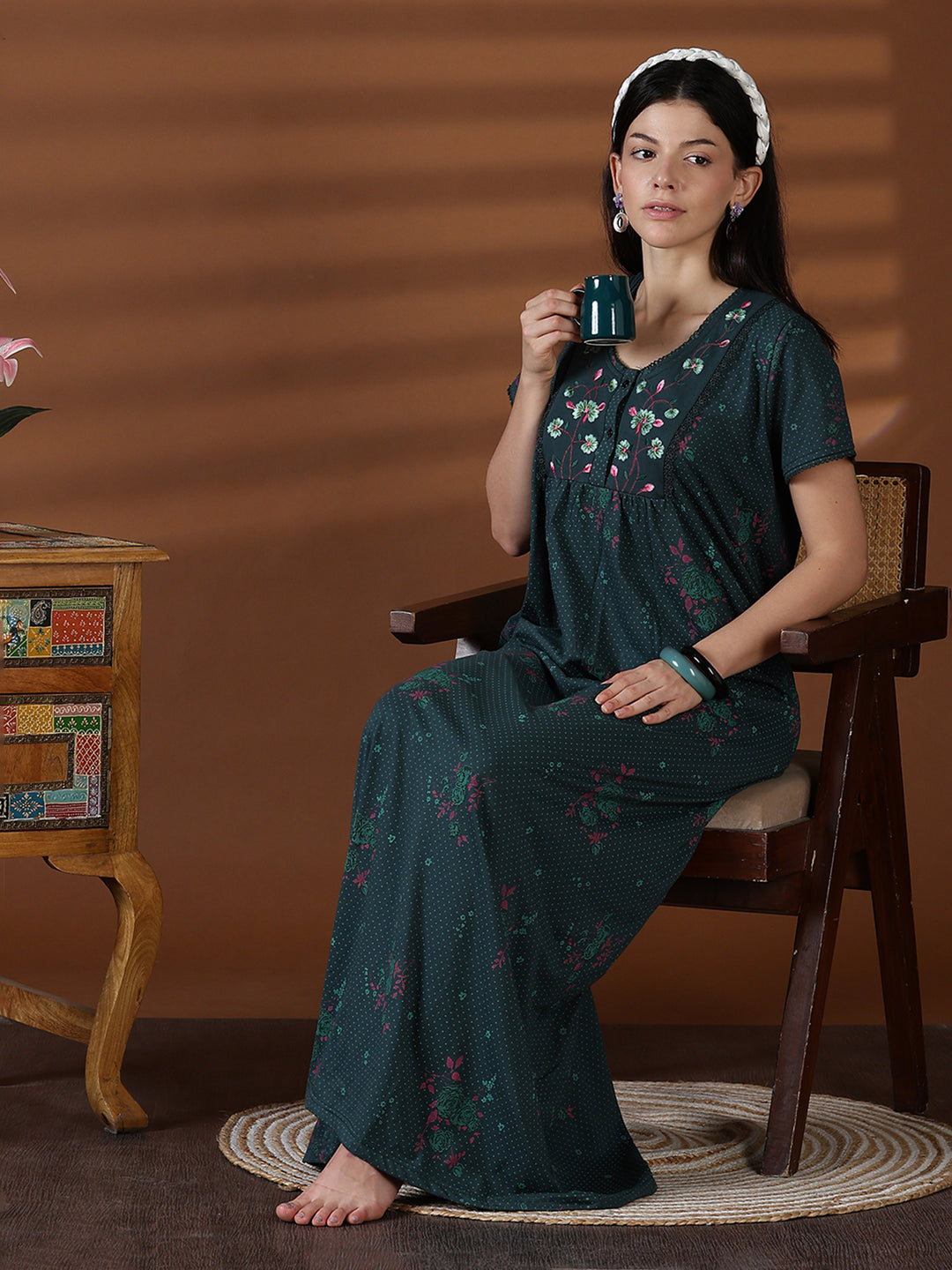 Forest green cotton blend sleepwear for women for summer