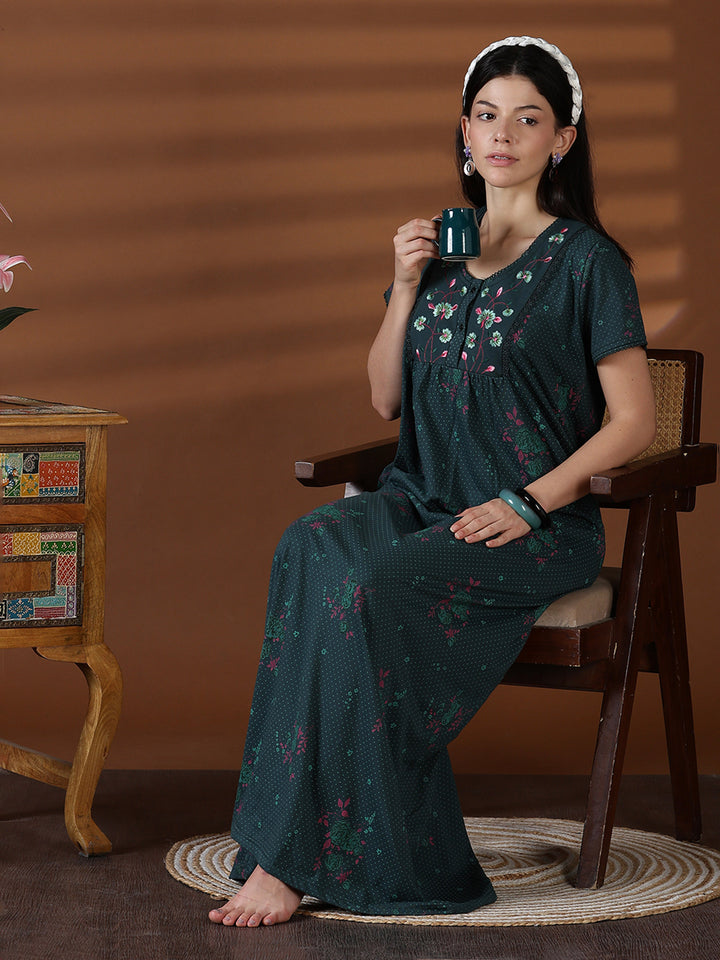 Forest green cotton blend sleepwear for women for summer