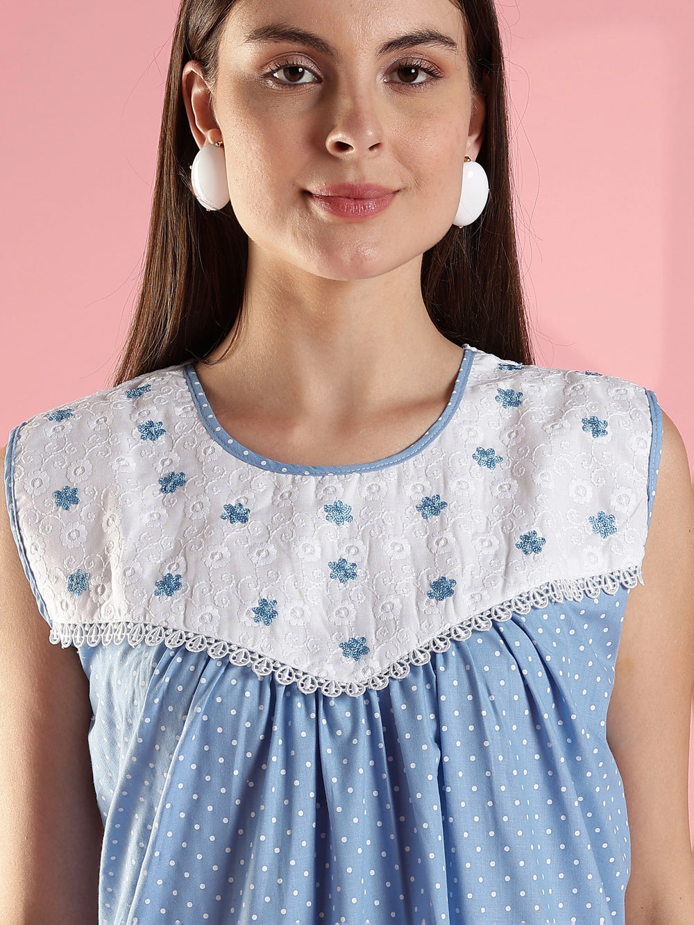 Blue polka soft daily wear sleeveless cotton night dress for women