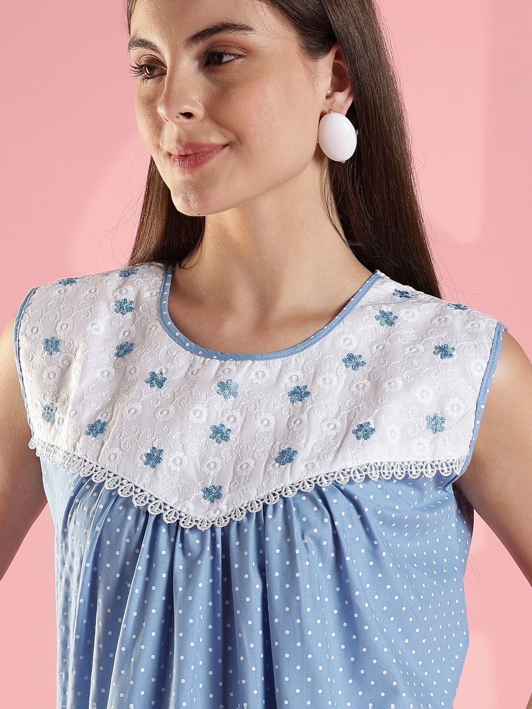 Blue polka soft daily wear sleeveless cotton night dress for women