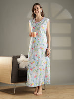 Saheli Sleeveless Bamboo Crush Cotton Floral Nighty for Women Pastel Sky