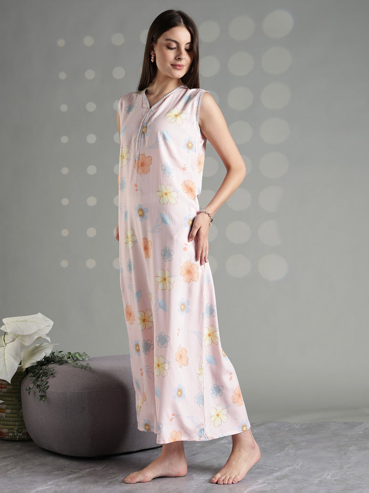 Peach blossom rayon sleeveless night gown for women