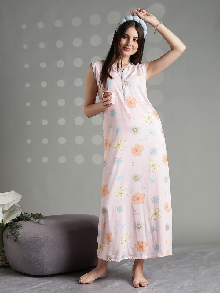 Peach blossom rayon sleeveless night gown for women