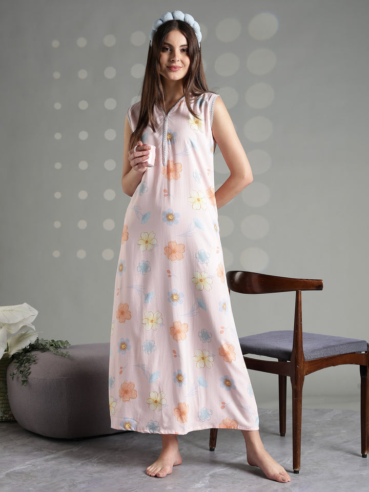 Peach blossom rayon sleeveless night gown for women