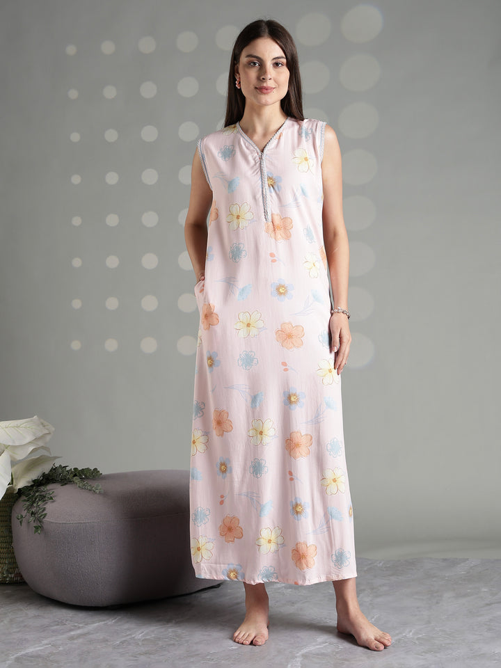 Peach blossom rayon sleeveless night gown for women