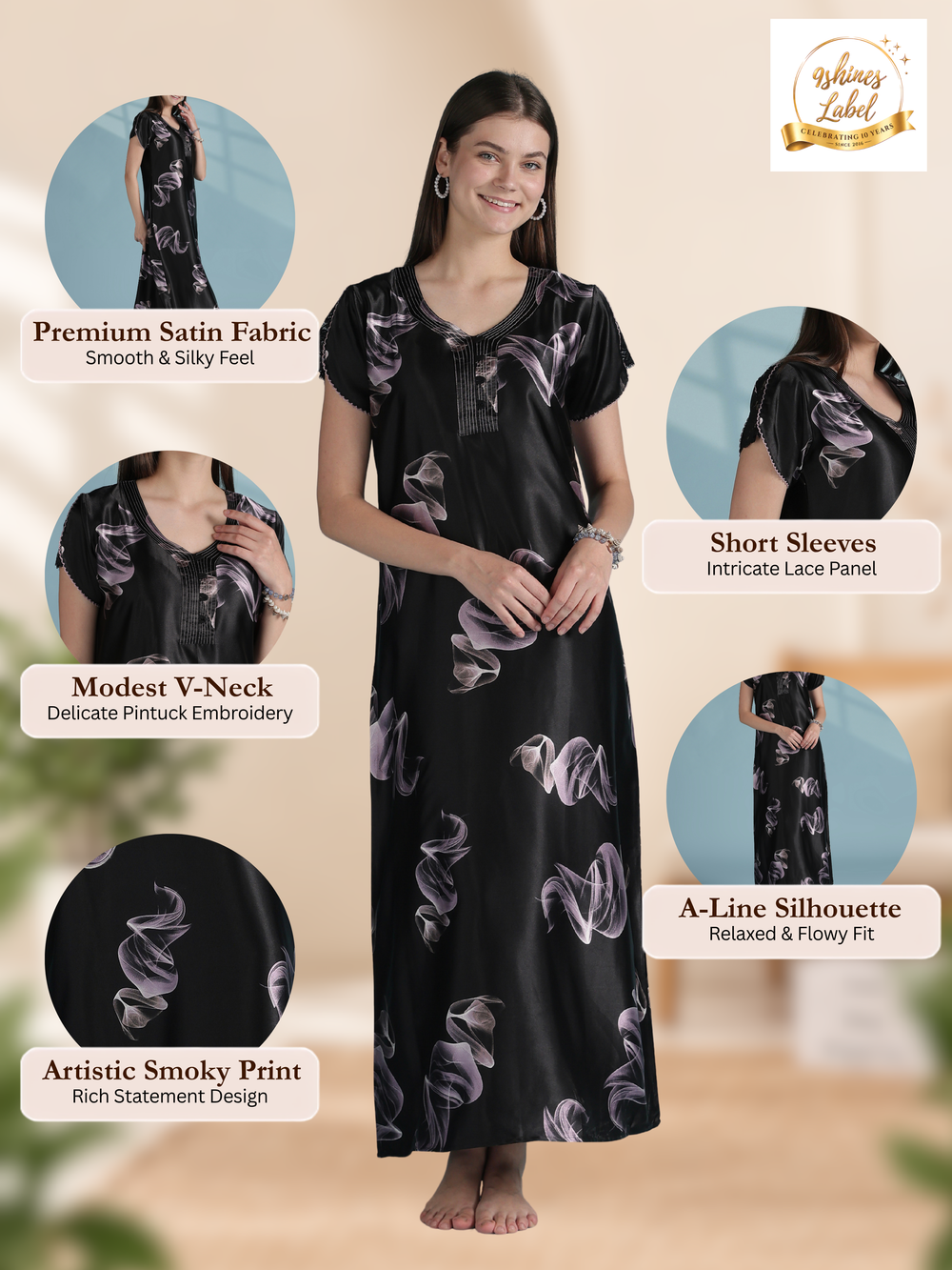 Elegant smoky print satin nighty for women online