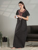 Black Micro Buti Cotton Nighty with Embroidered Neck Design