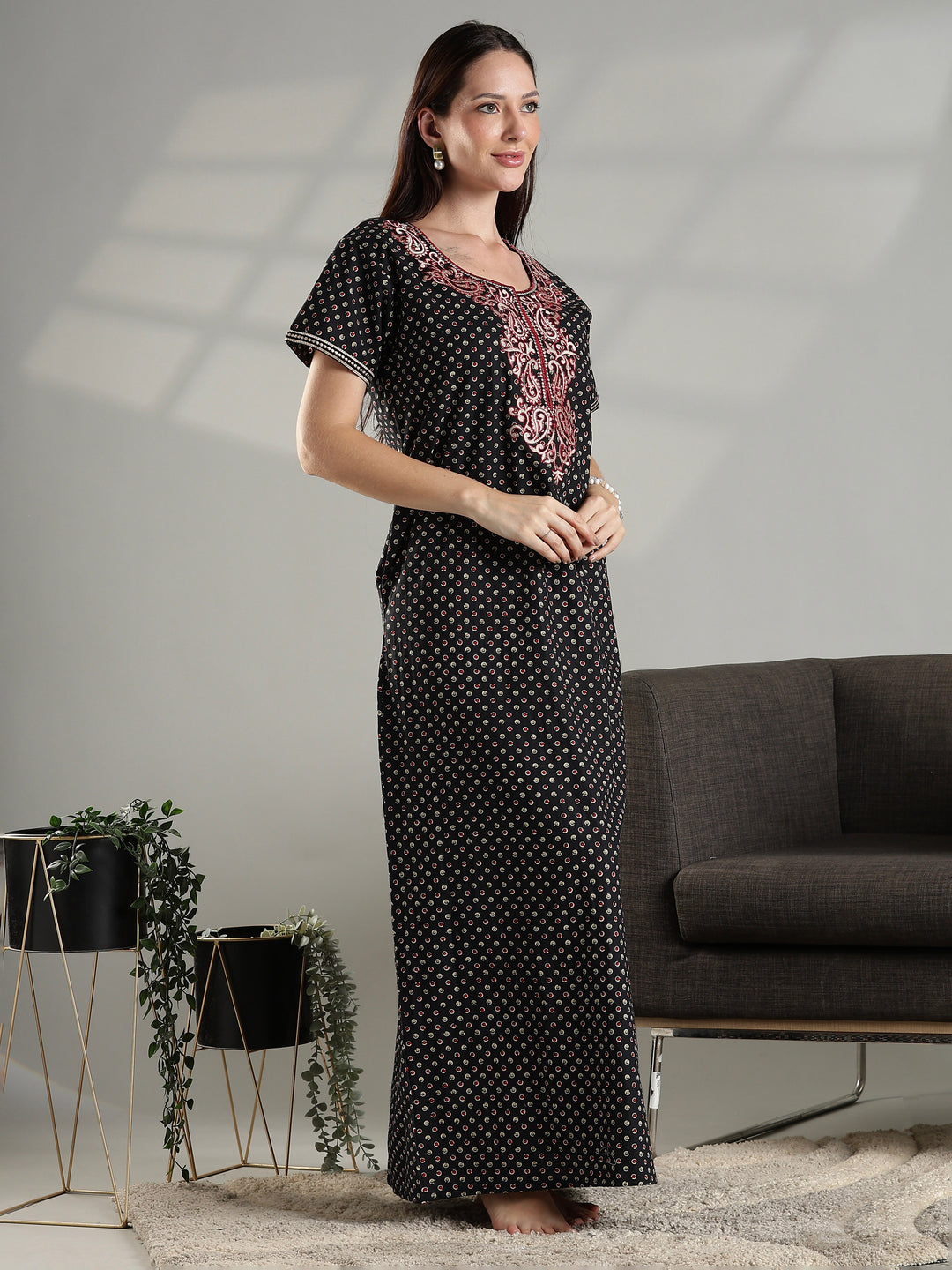 Soft cotton night dress for women in black with micro buti prints