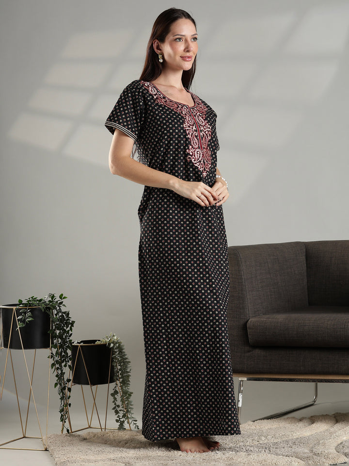 Soft cotton night dress for women in black with micro buti prints