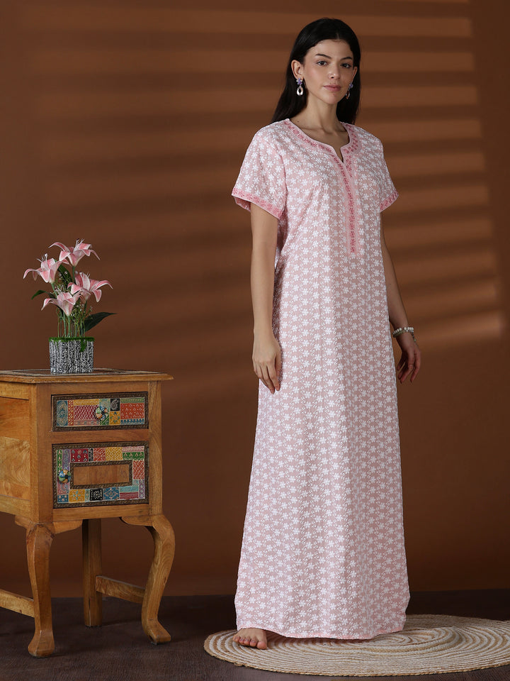 Peach soft cotton chikankari nighty for women worldwide