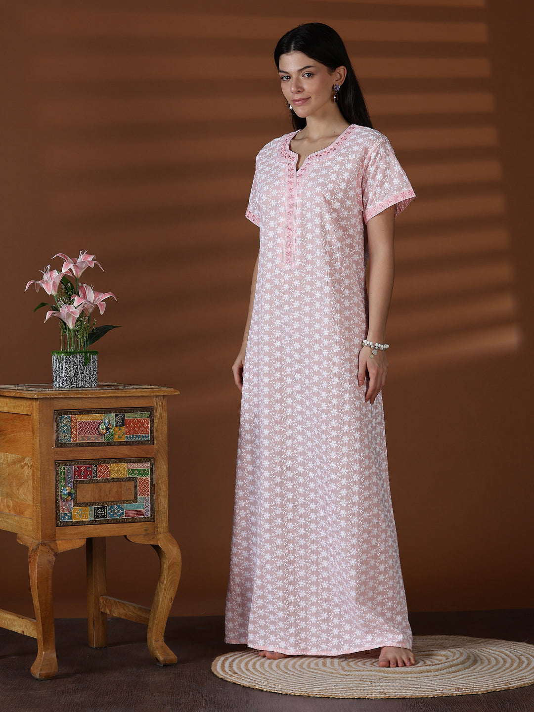 Peach soft cotton chikankari nighty for women worldwide