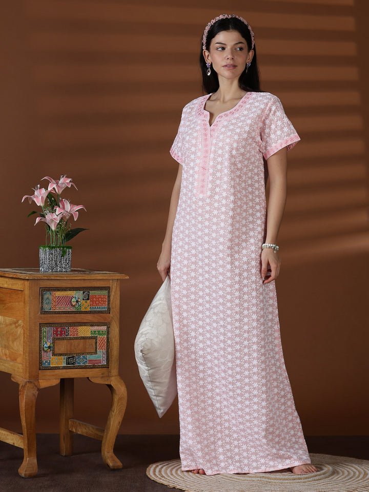 Peach soft cotton chikankari nighty for women worldwide