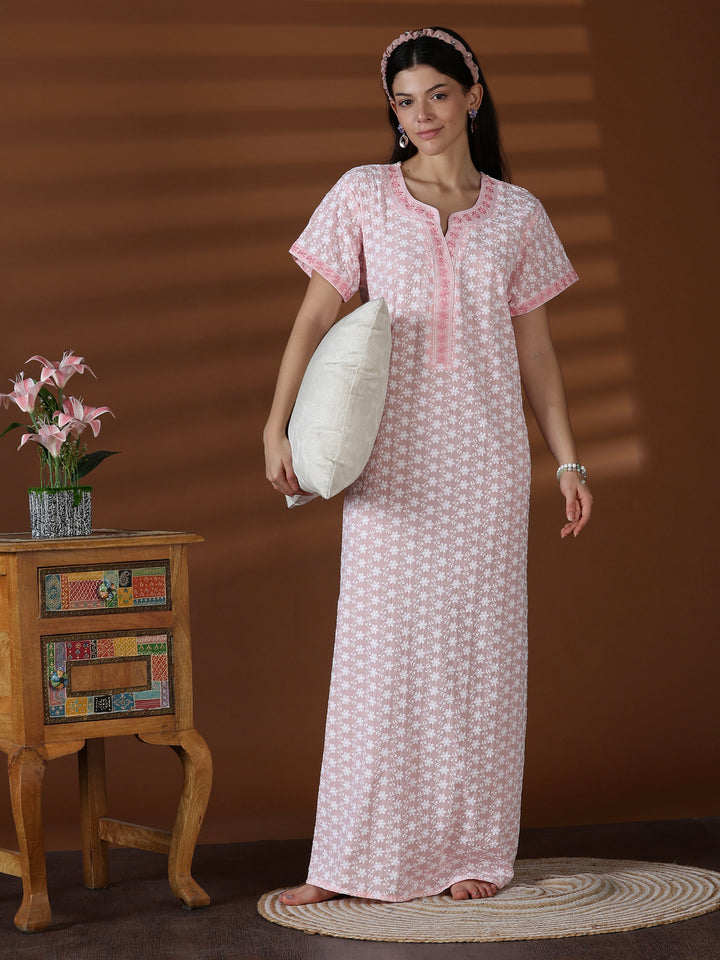 Peach soft cotton chikankari nighty for women worldwide