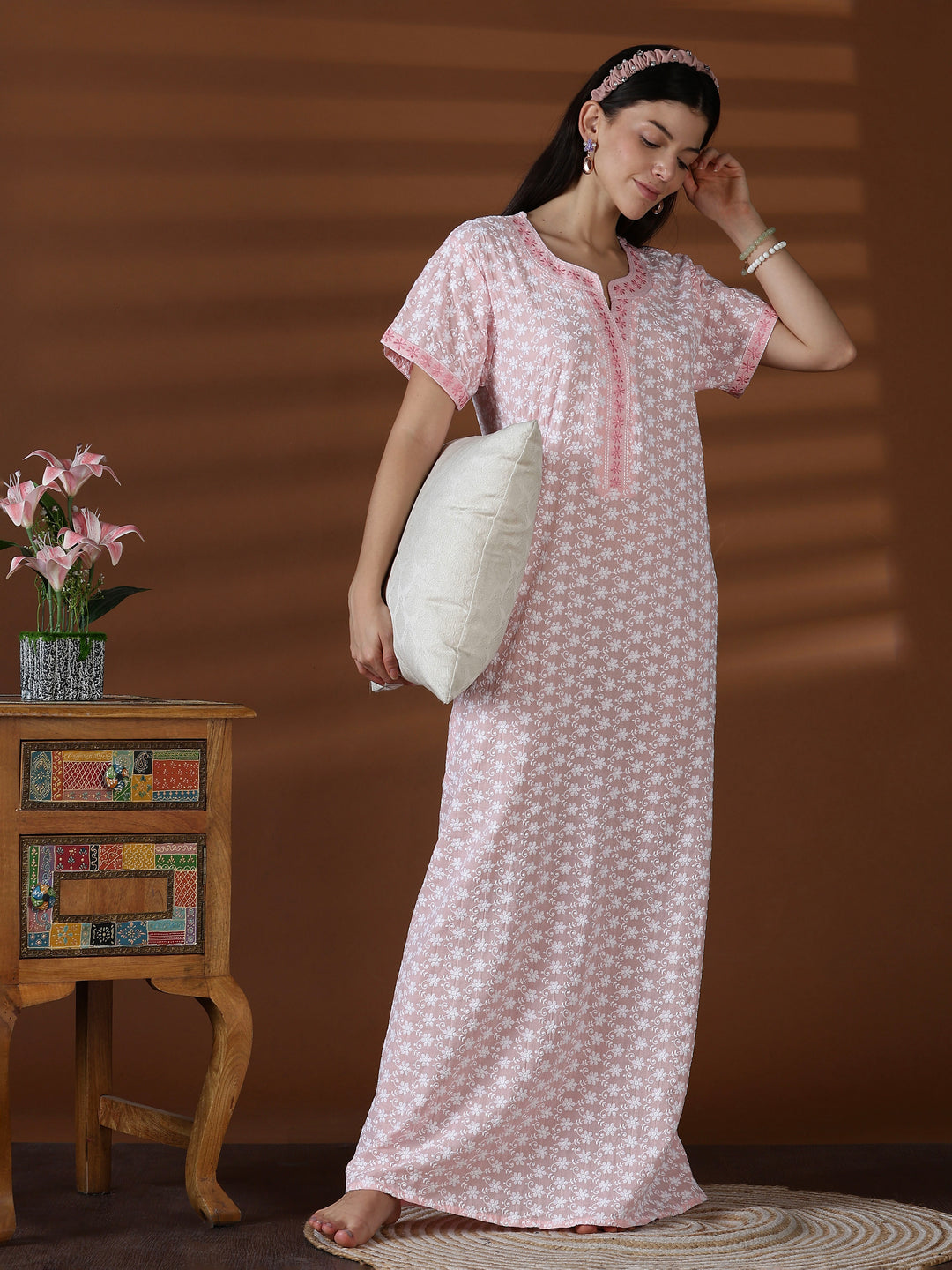 Peach soft cotton chikankari nighty for women worldwide