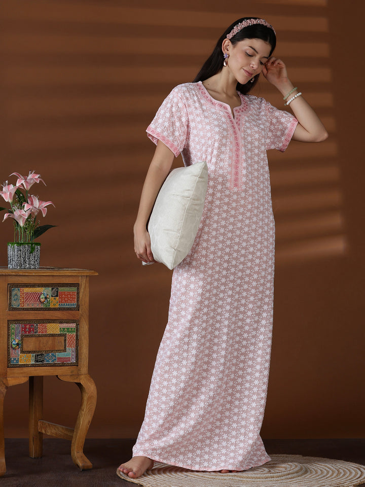 Peach soft cotton chikankari nighty for women worldwide