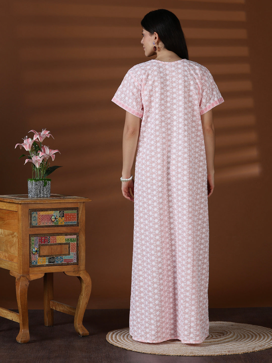 Peach soft cotton chikankari nighty for women worldwide